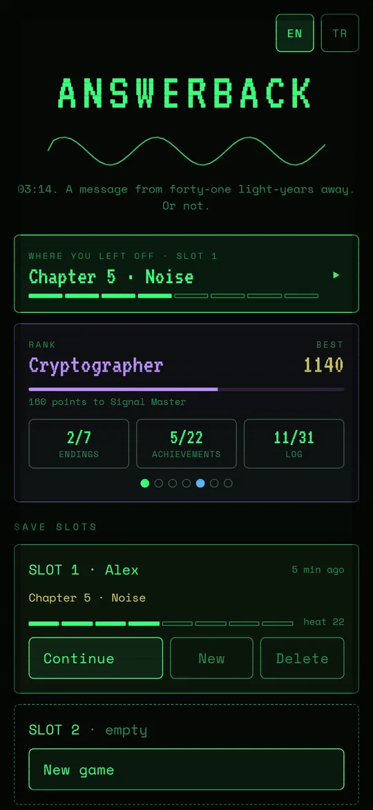 Answerback main menu with save slots and progress