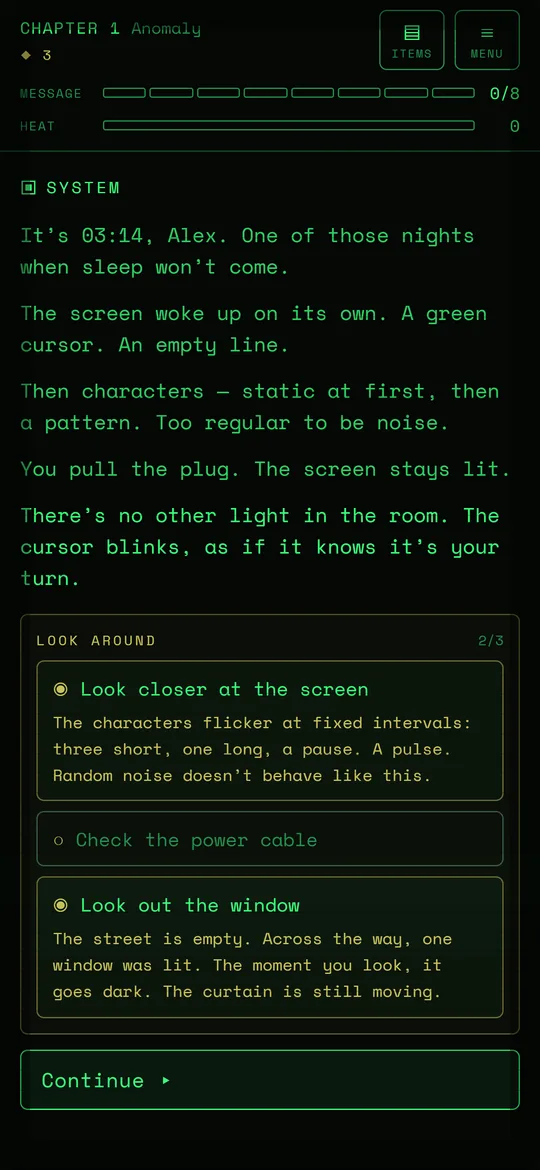 The first night: a message appears on the screen at 03:14