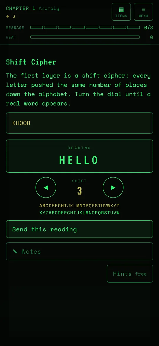 A shift-cipher puzzle with a dial to turn