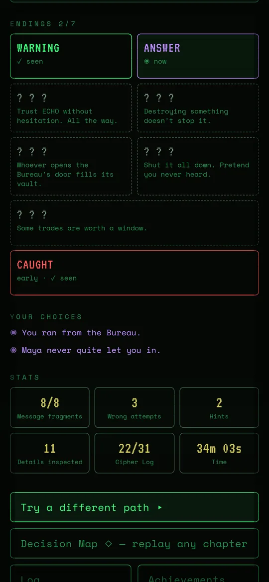 The endings screen and your choices so far