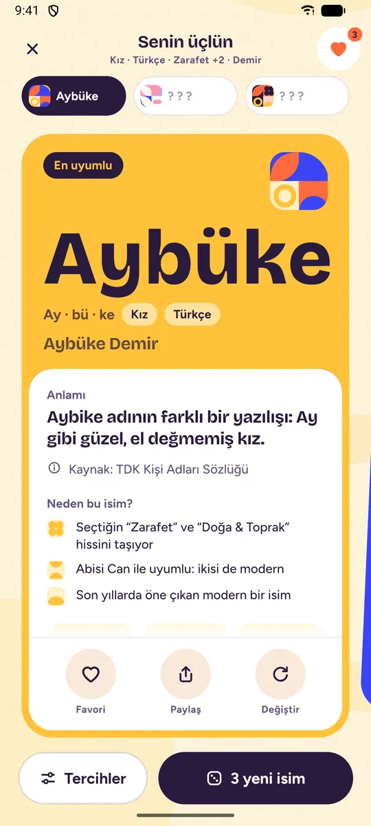 Önerilen üç isim ve en uyumlu olanın anlamı