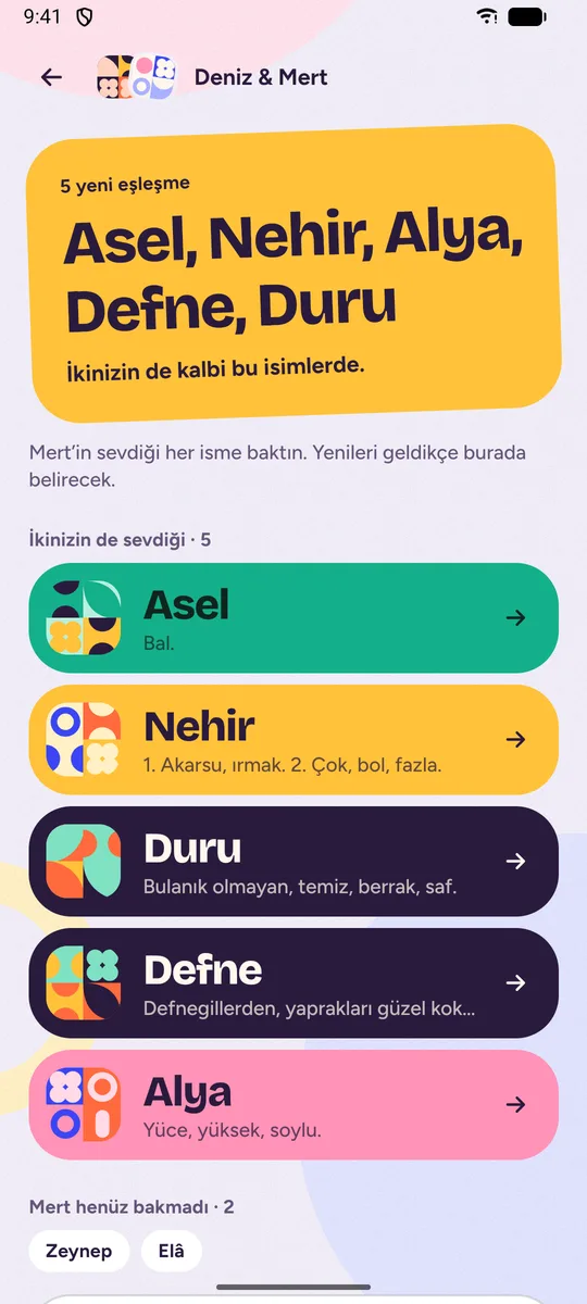 İki partnerin de beğendiği isimler, yan yana